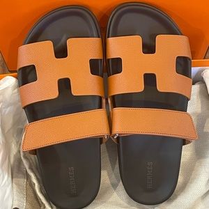 Hermes H Logo Epsom Leather Chypre Sandals Dad Shoes Size 37 Women